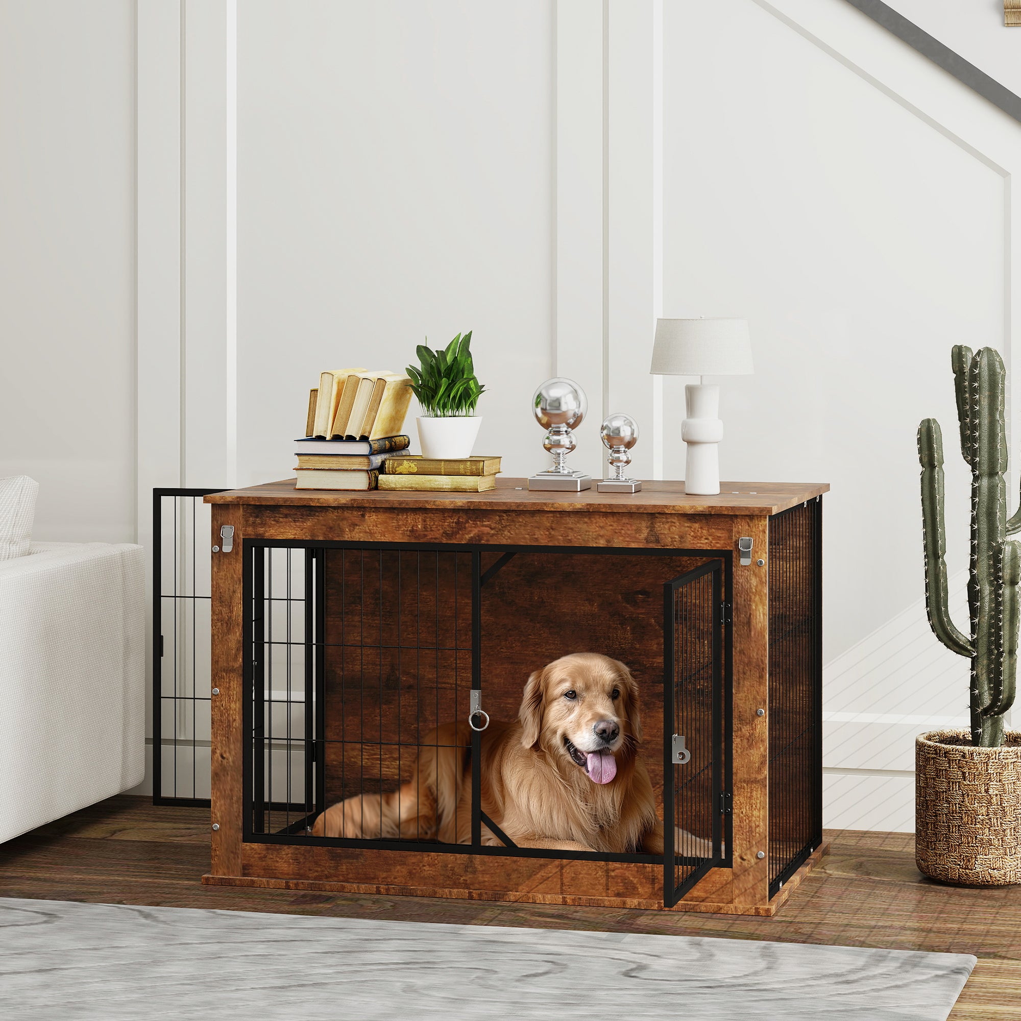 Dog Crate Furniture with Flip-Up Top – Dual Door, Side Table Design