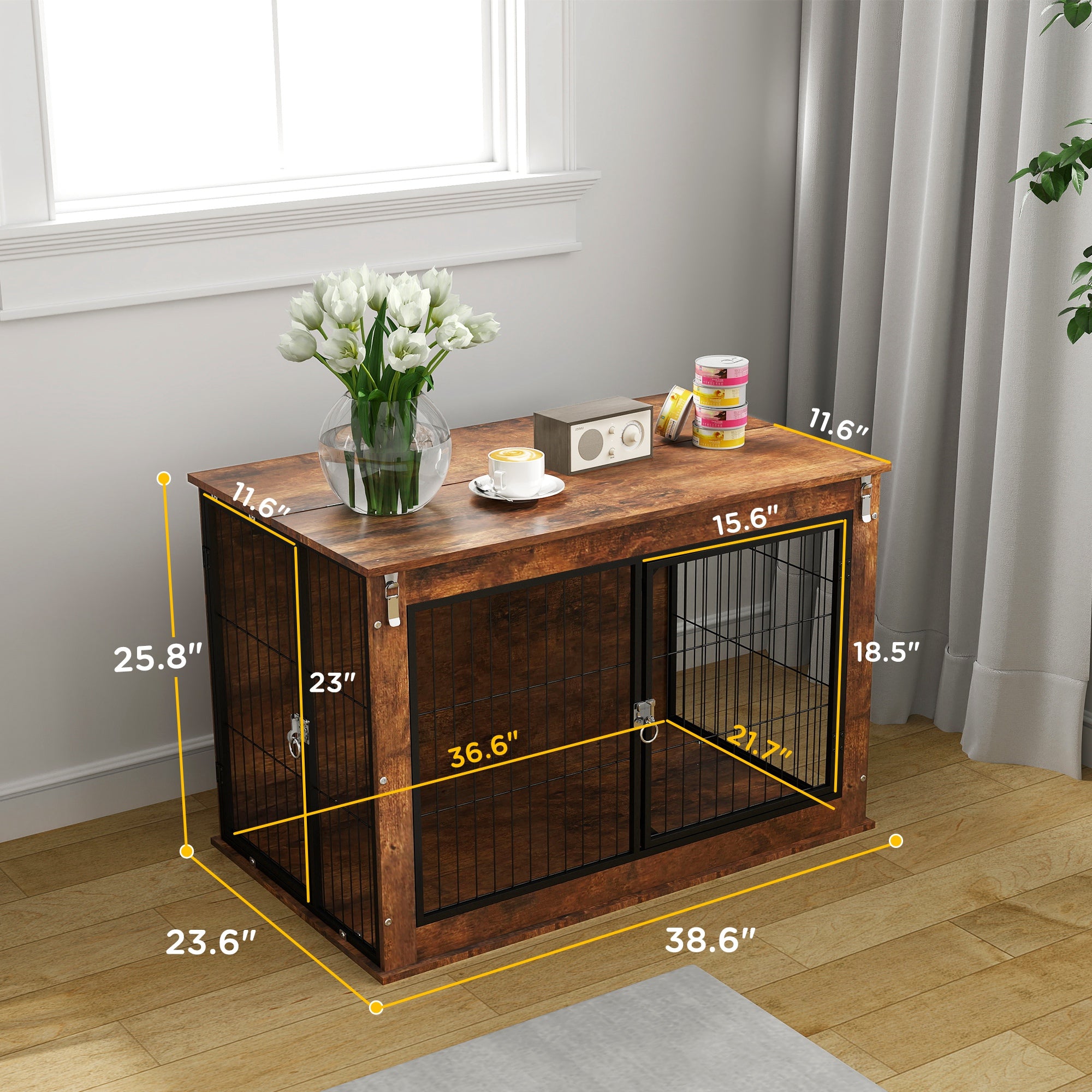 Dog Crate Furniture with Flip-Up Top – Dual Door, Side Table Design